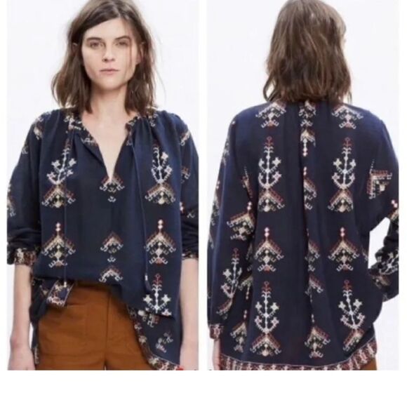 Madewell Marta Folkstitch Popover Peasant Boho 3/4 Sleeve Blouse Top Size Small - Picture 1 of 9